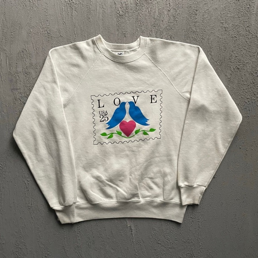 Vintage Love Stamp Graphic Sweatshirt Unisex Large White 90s Lee